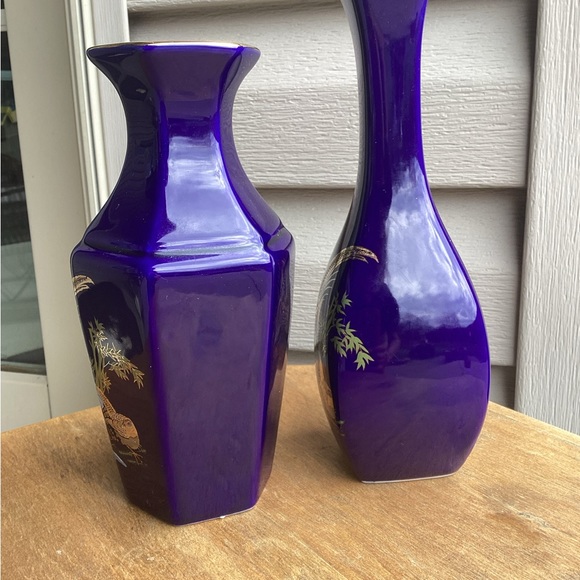 Pair of Vintage Nanco Cobalt Blue Japanese Pheasant Bird Vases - Picture 3 of 7